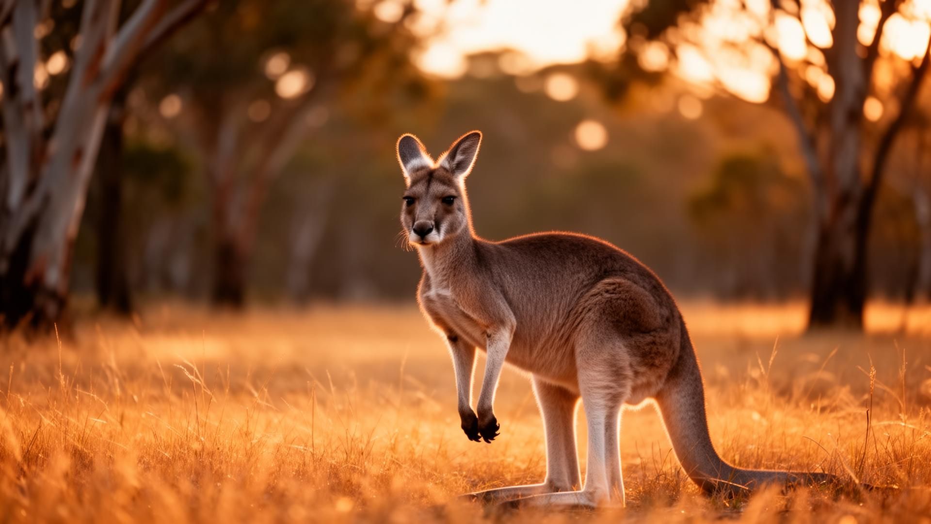 Eastern grey kangaroo standing in golden Australian grassland at sunset
